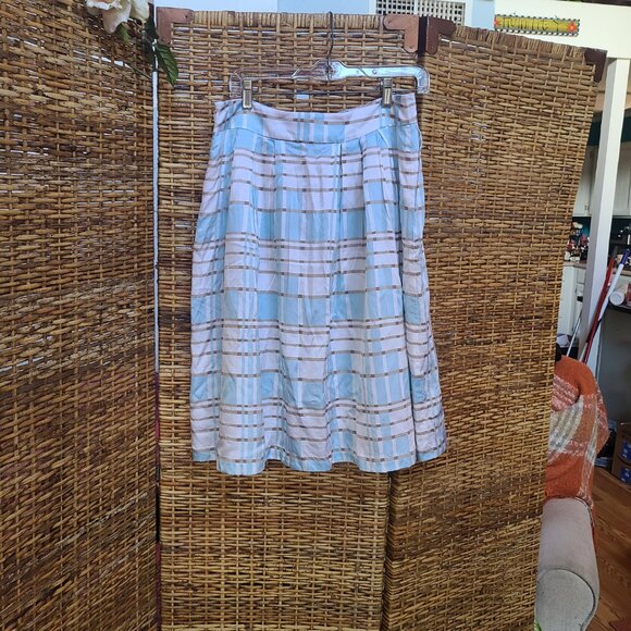 Pendleton Silk Cotton Blend Skirt Knee Length Lined SZ 8 Blue White Taupe Pleat - Picture 4 of 5